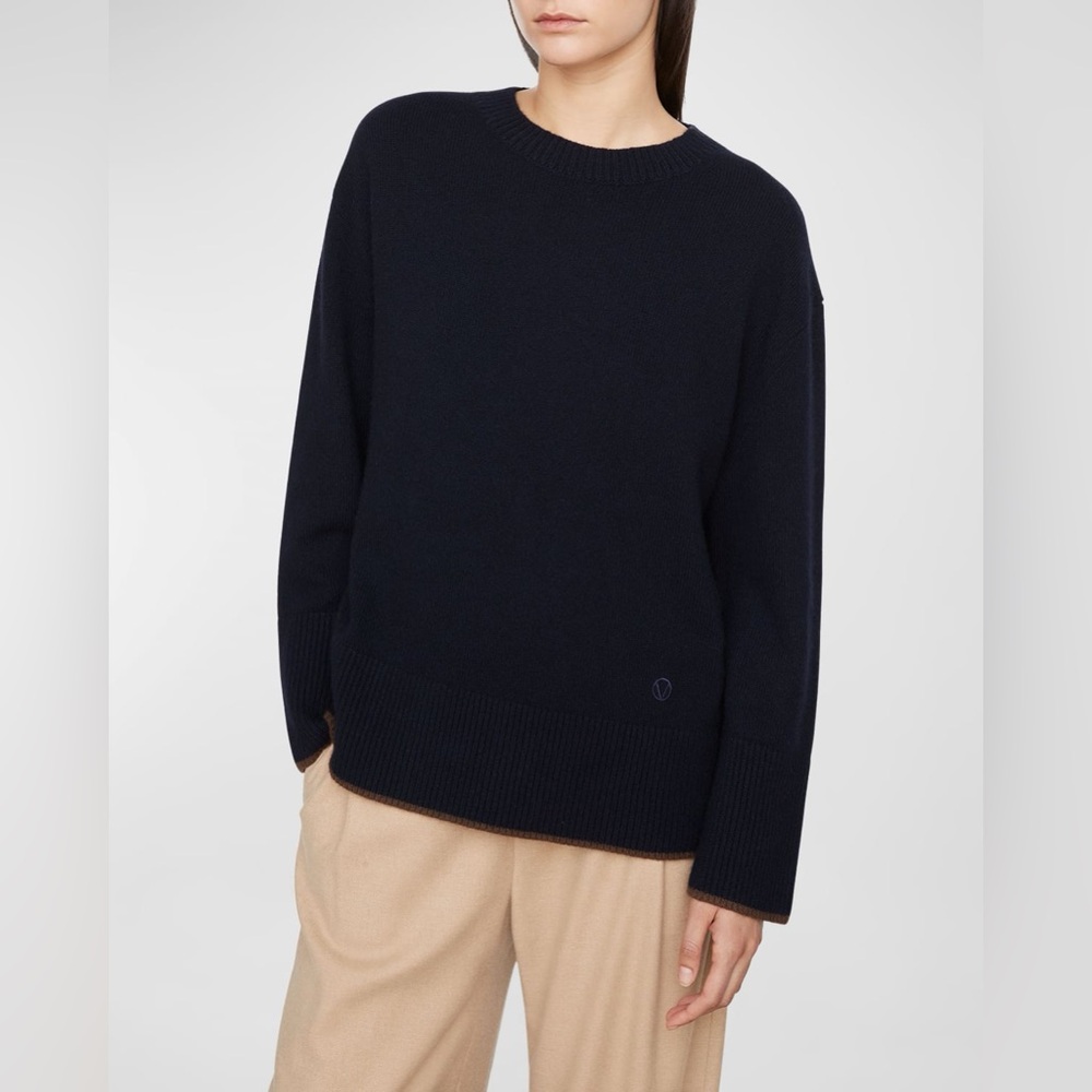 NWT $525 Vince Crew Neck Monogram 100% cashmere Sweater with Contrast Tipping